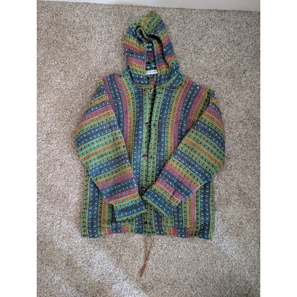Vtg Ecuador Hand Knit Multicolor Native Pattern Heavy Wool Cardigan Sweater XL